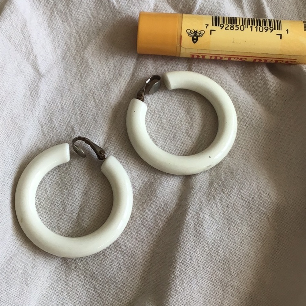 White Hoop clip on vintage Earrings